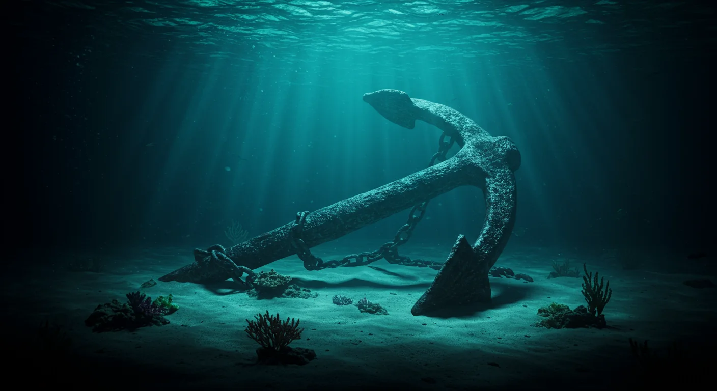 An anchor resting on the ocean floor