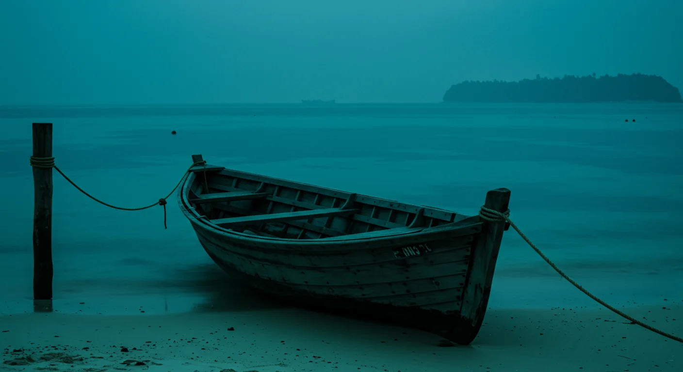 A weathered boat moored at Hopium Island