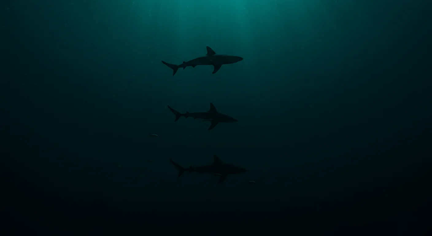 Sharks patrol the deep waters below